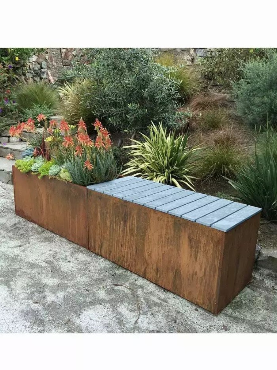 Planters & Raised Beds * | Gsc Nice Corten Trough Planters With Bench Top