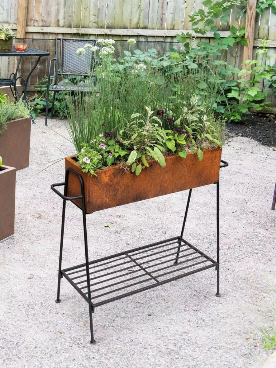 Planters & Raised Beds * | Gsc Rectangular Corten Planter And Stand